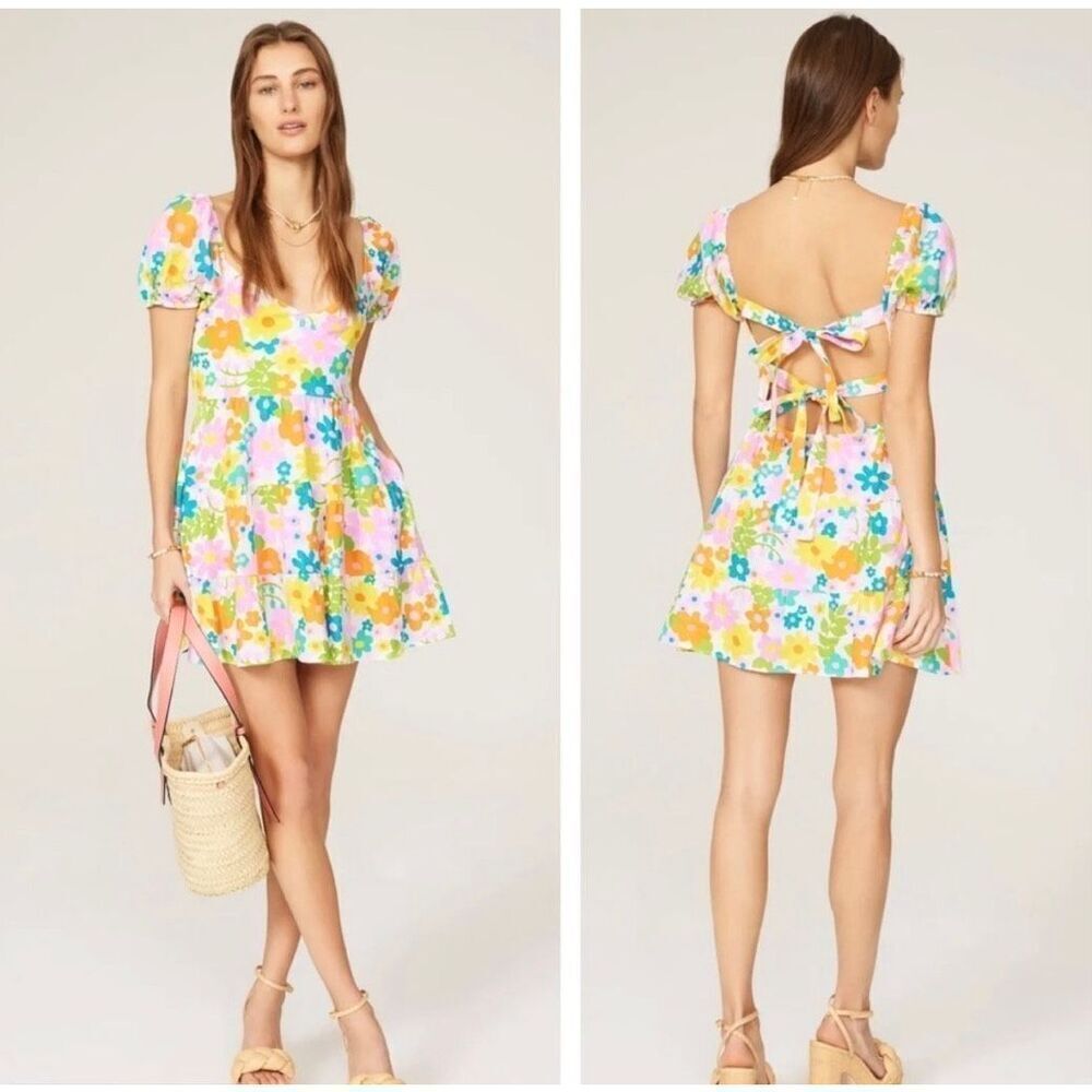 Show Me Your Mumu Cathy Linen Floral Mini Dress Size Small Short Sleeve Open Bac - Picture 2 of 12